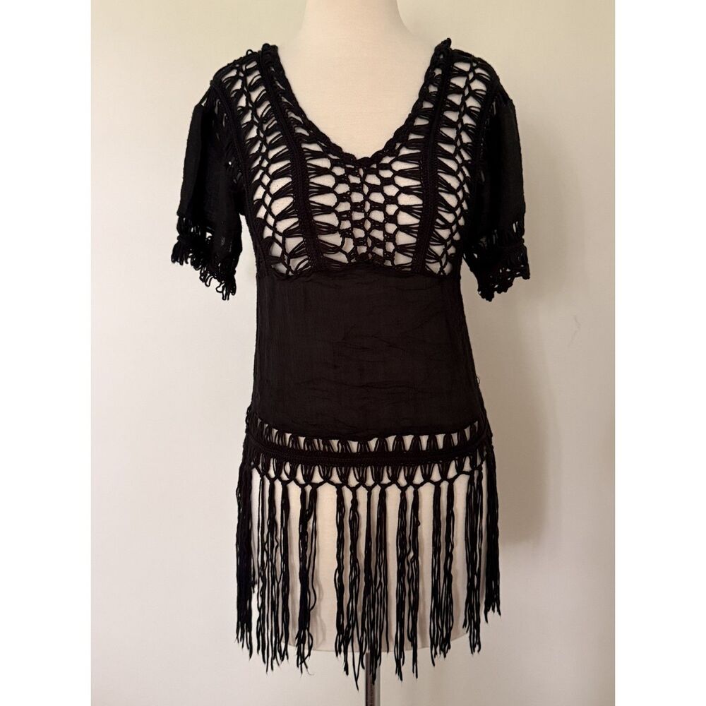 Black Crochet Open Work Yoke Fringe Tassel Hem Boho Witchy Festival Tunic Top